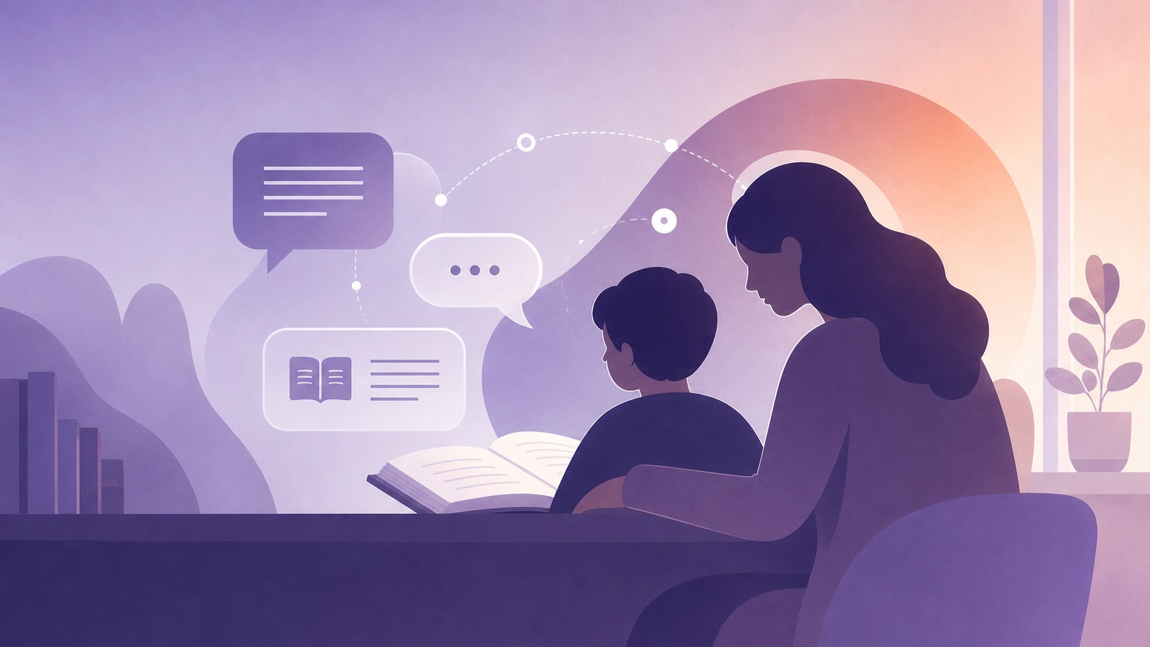 Editorial illustration of a caregiver and child reading with multimodal learning cues
